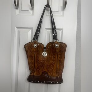 Brown Western Tooled Leather Shoulder Bag with Concho Accents